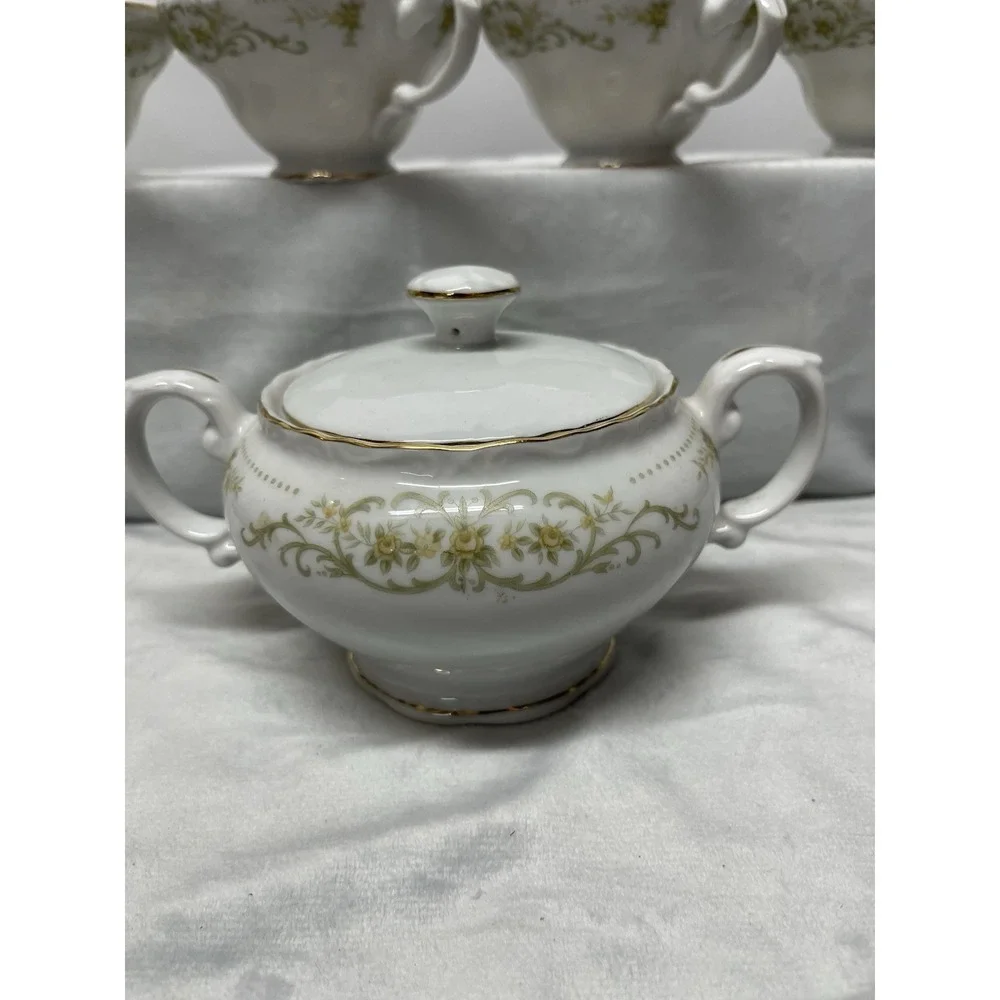 Vintage Norleans Rose Crest China Japan 4 Teacups & Lidded Sugar Bowl Gold